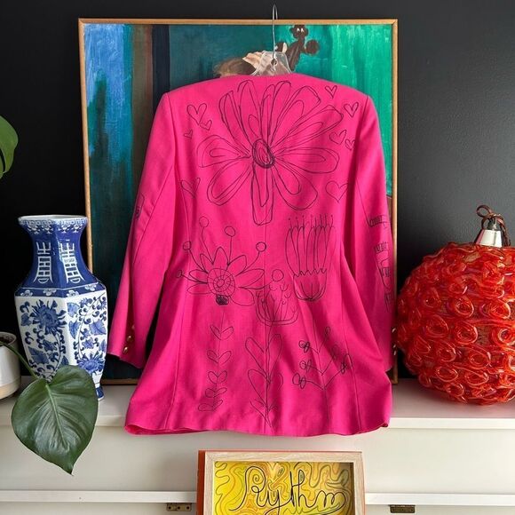 Studio J Cool Wool Pink Reworked Hand Drawn Blazer Vtg 90s - Picture 3 of 16
